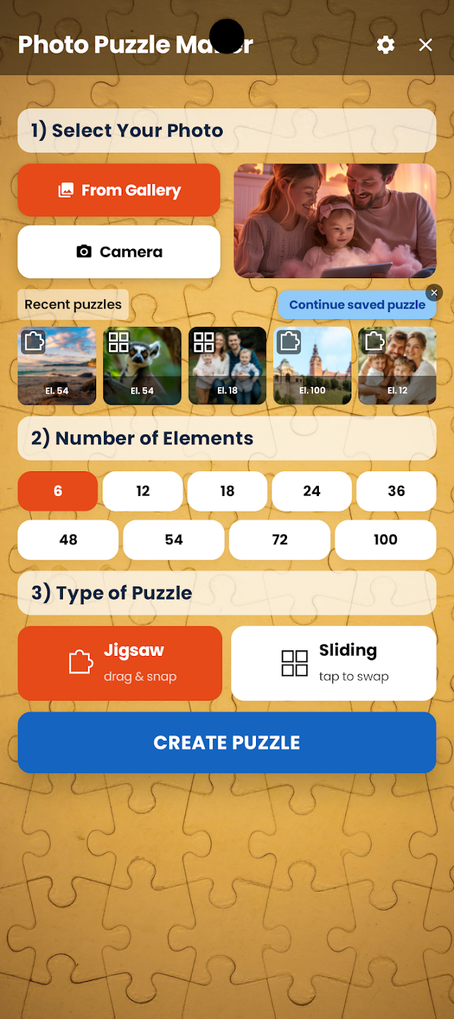 Photo Puzzle Maker app screenshot showing a custom jigsaw puzzle made from a photo