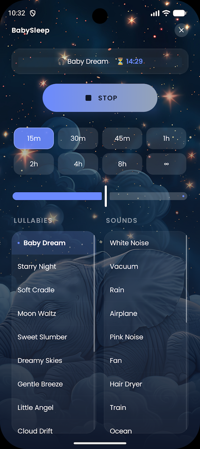 Baby Sleep app screenshot showing white noise and lullaby sound options