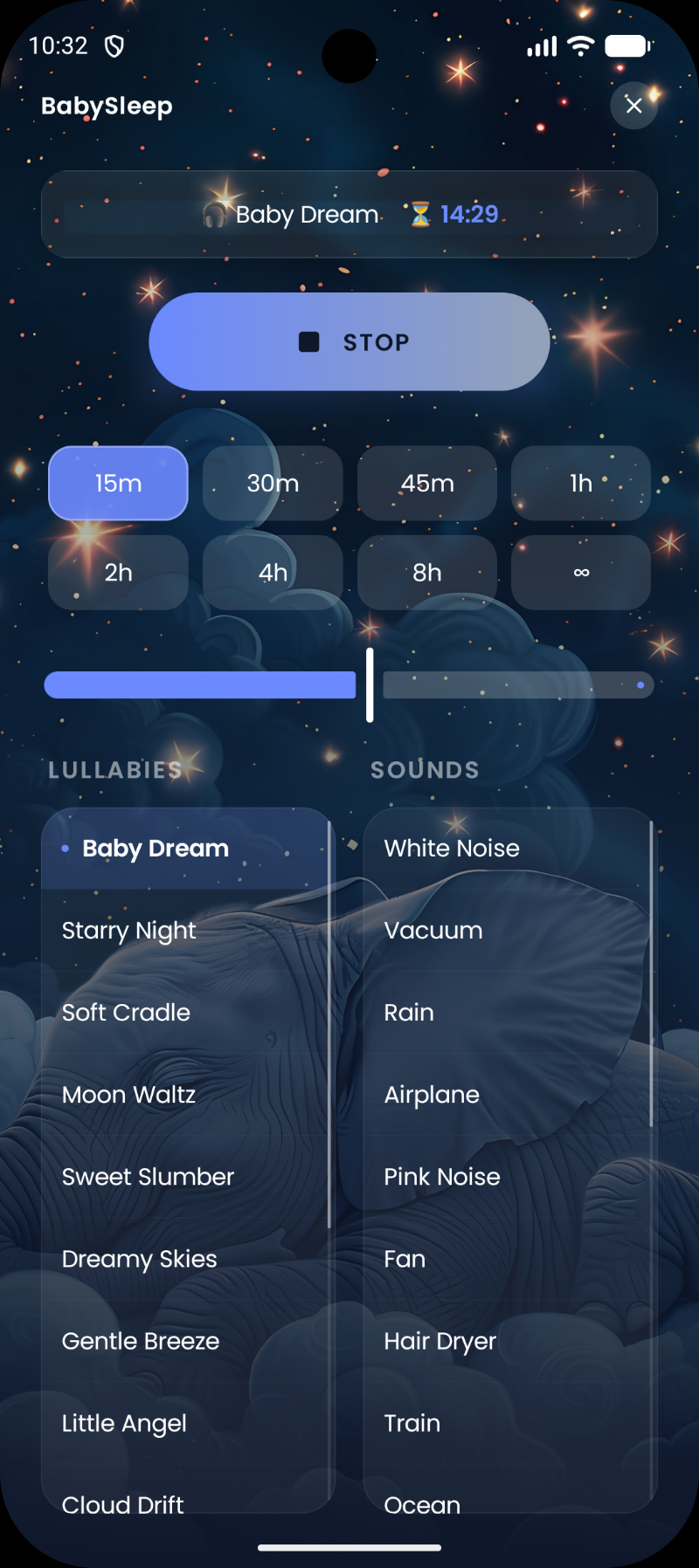 Baby Sleep app screenshot showing the lullabies and sounds library with sleep timer