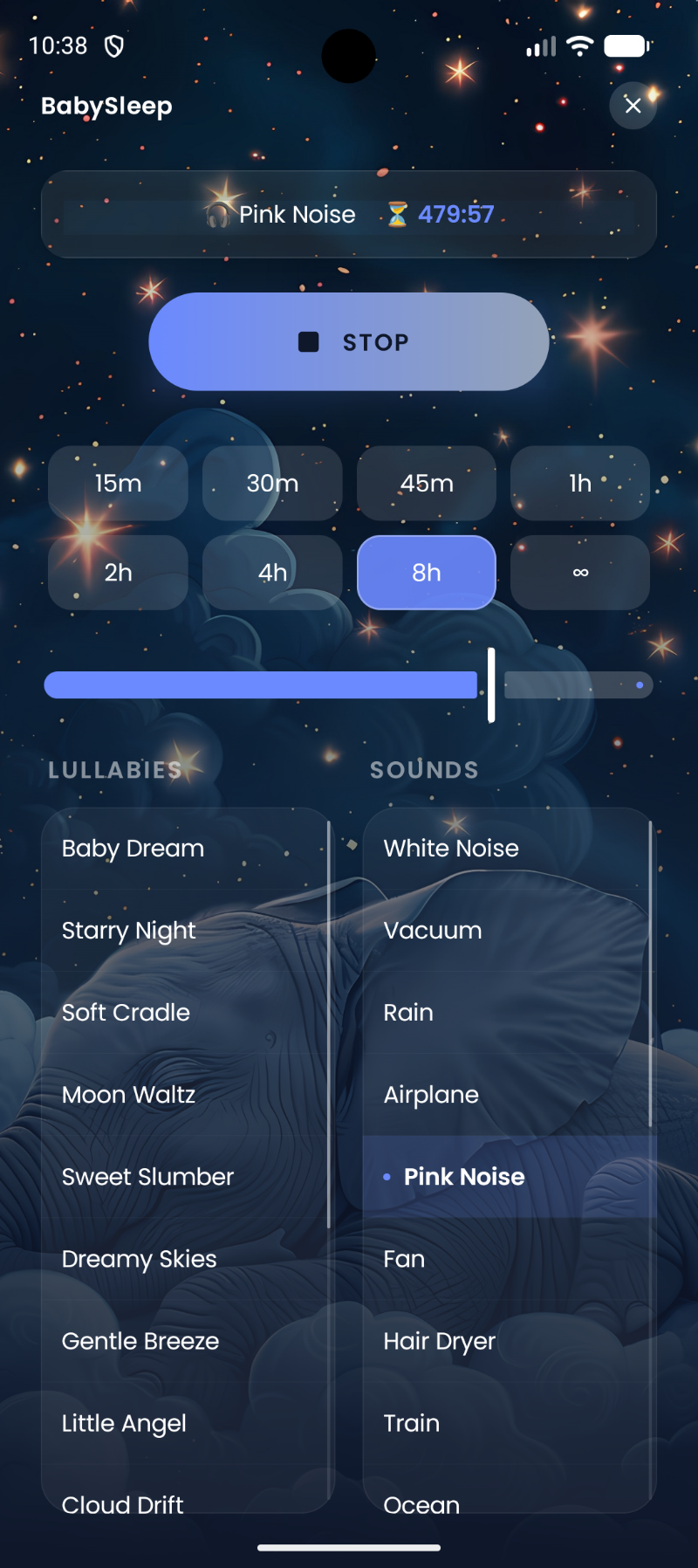Baby Sleep screenshot showing the sleep timer set to 8 hours with Pink Noise playing