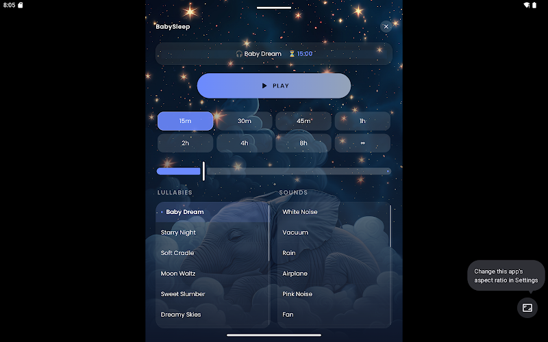 Baby Sleep screenshot showing white noise and nature sound options