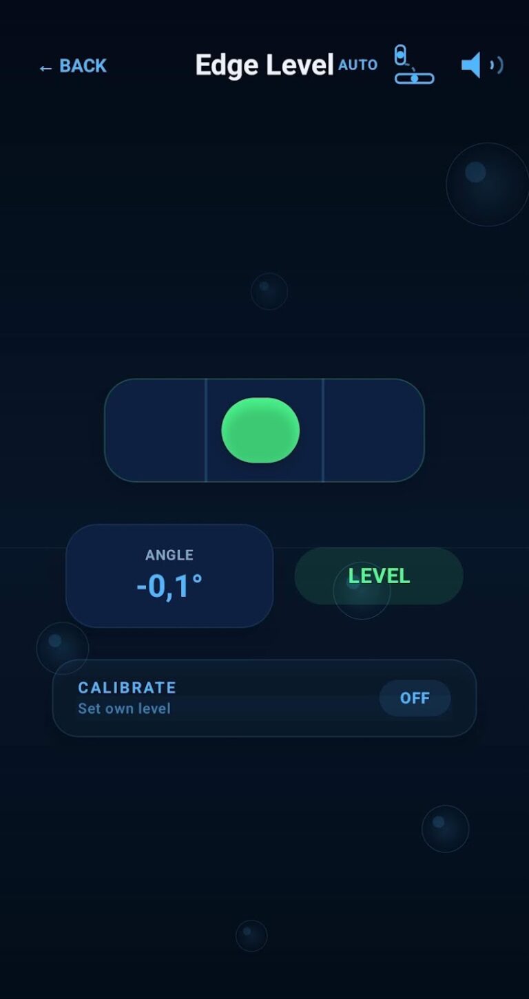 Bubble Level app screenshot showing Edge Level mode with angle reading and calibration option