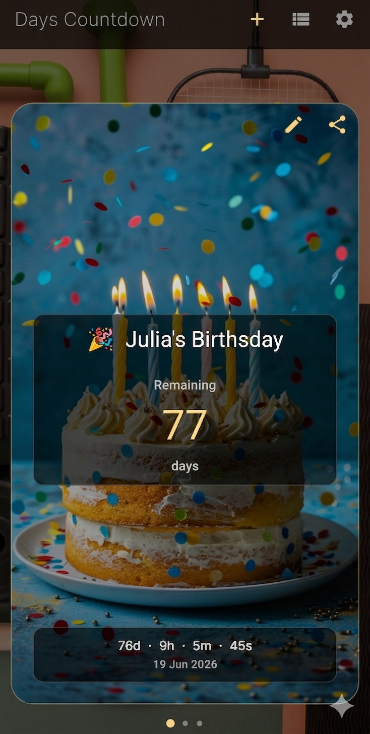Countdown Days widget app screenshot showing a birthday countdown card