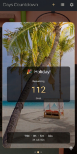 Countdown Days screenshot showing a holiday countdown card with days remaining
