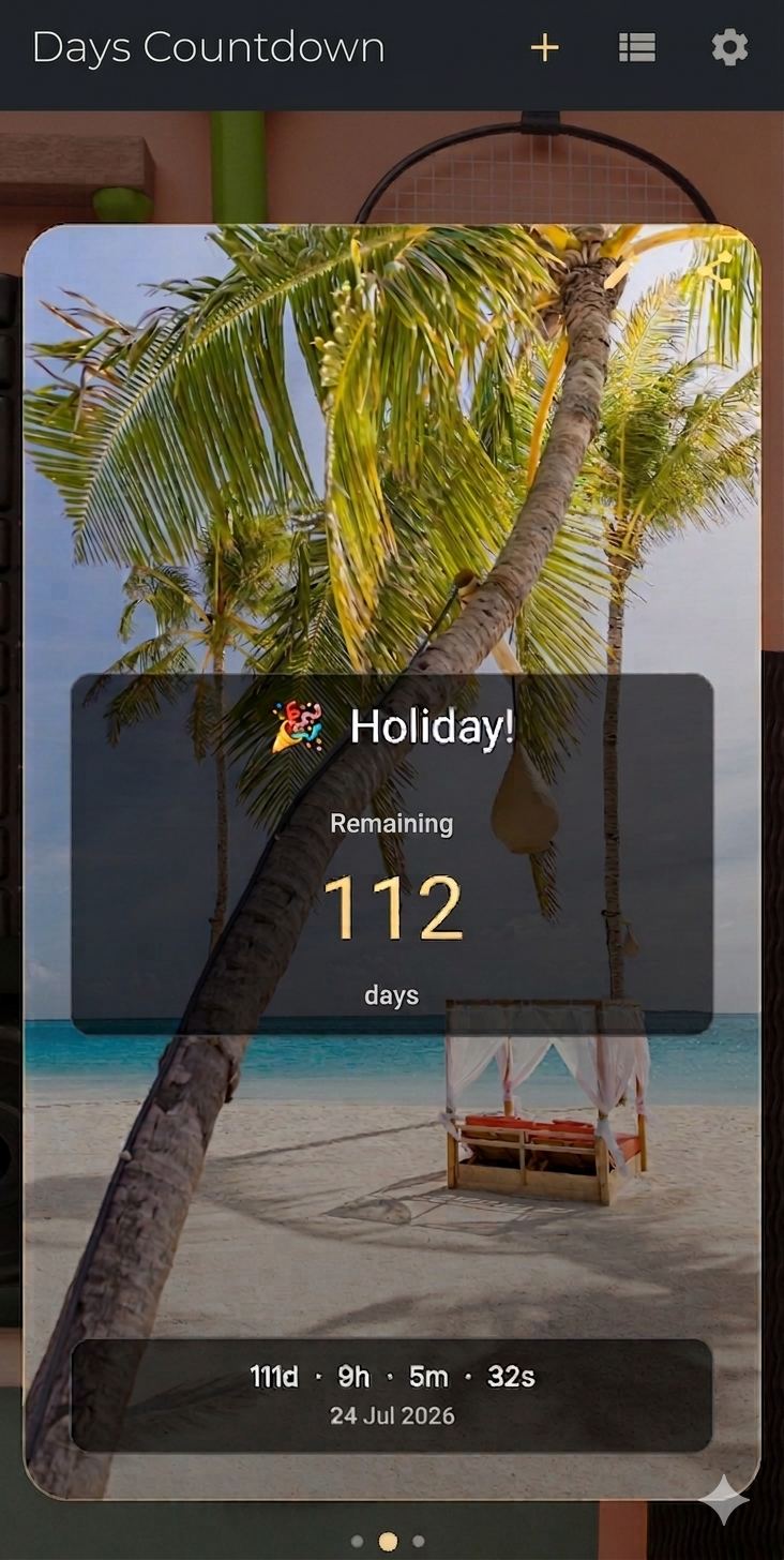 Countdown Days screenshot showing a holiday countdown card with days remaining