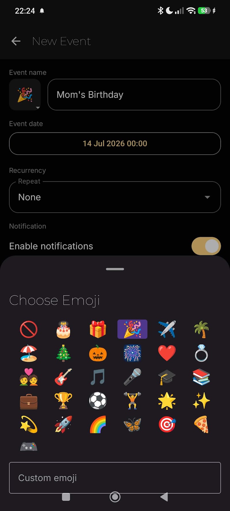 Countdown Days screenshot showing custom reminder settings