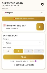 Guess The Word app screenshot showing the main menu with category and word length selection