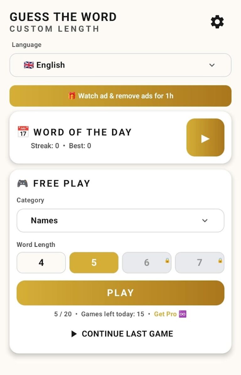 Guess The Word app screenshot showing the main menu with category and word length selection