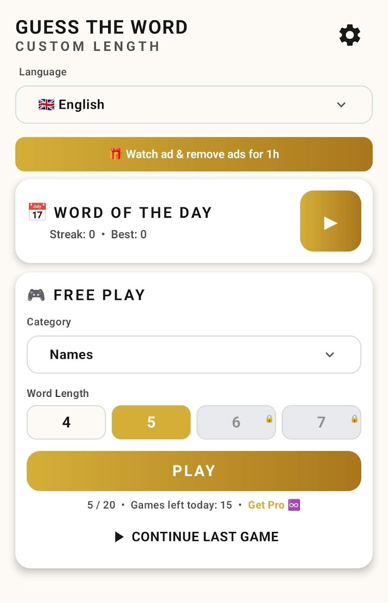 Guess The Word app screenshot showing the main menu with category and word length selection