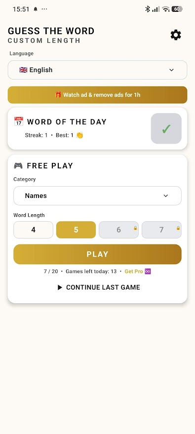 Guess The Word screenshot showing the Word of the Day with an active streak