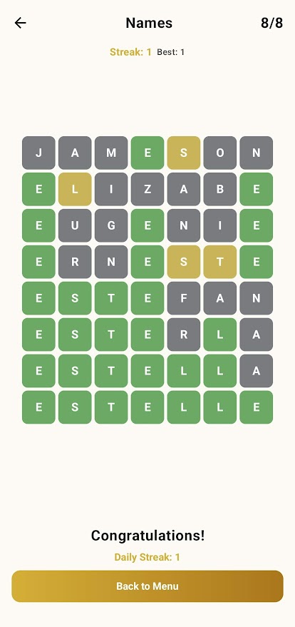 Guess The Word screenshot showing detailed game statistics