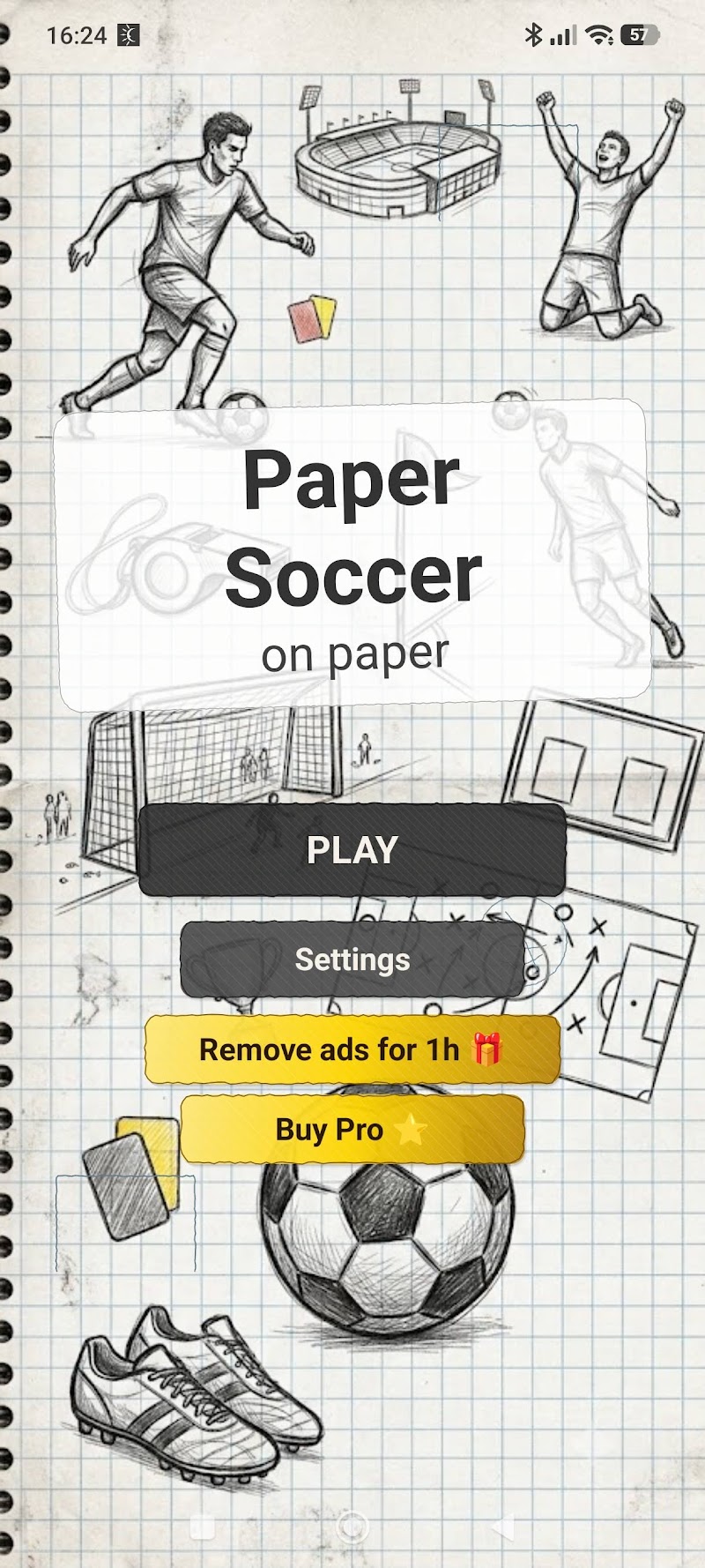 Paper Soccer app screenshot showing the main menu with Play, Settings, and Pro options
