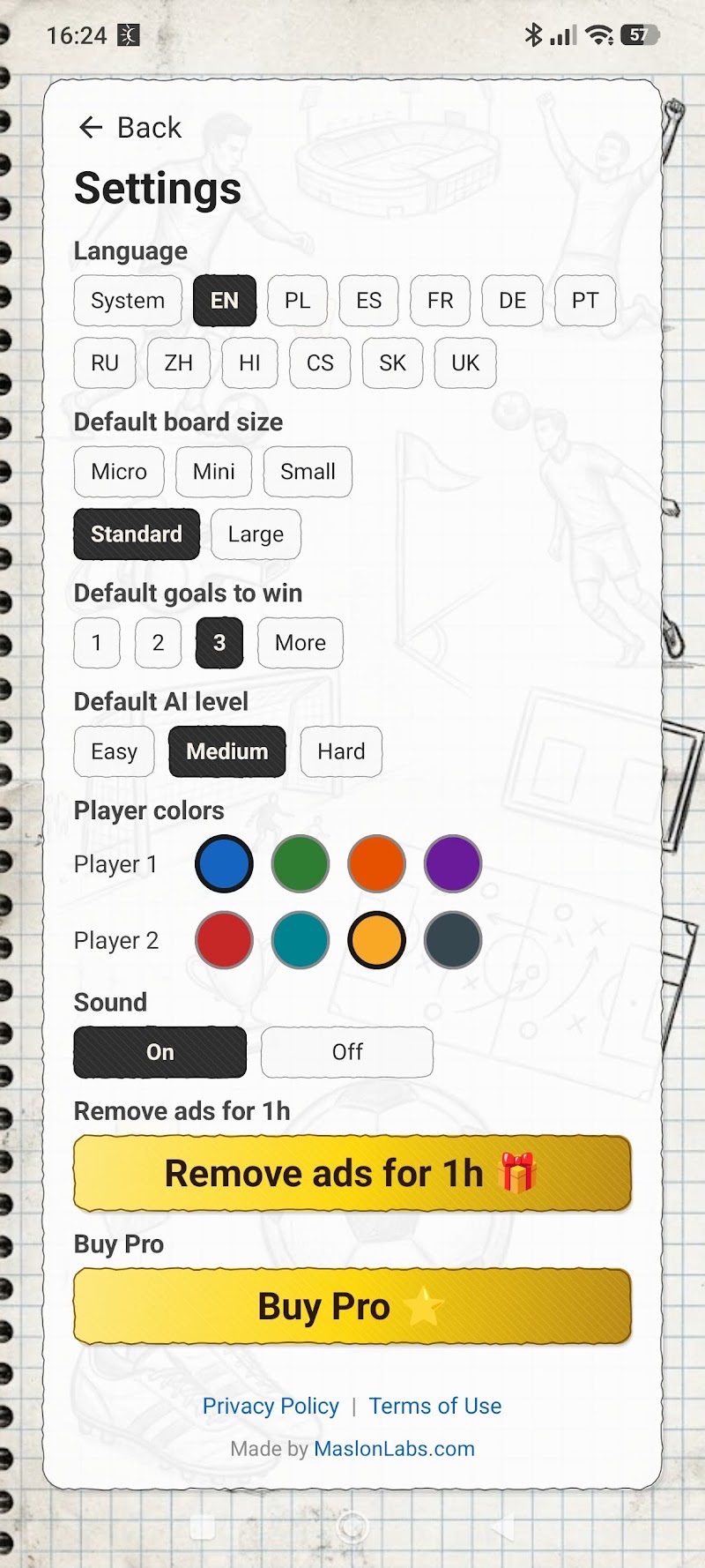 Paper Soccer screenshot showing board size, AI difficulty, and player color settings
