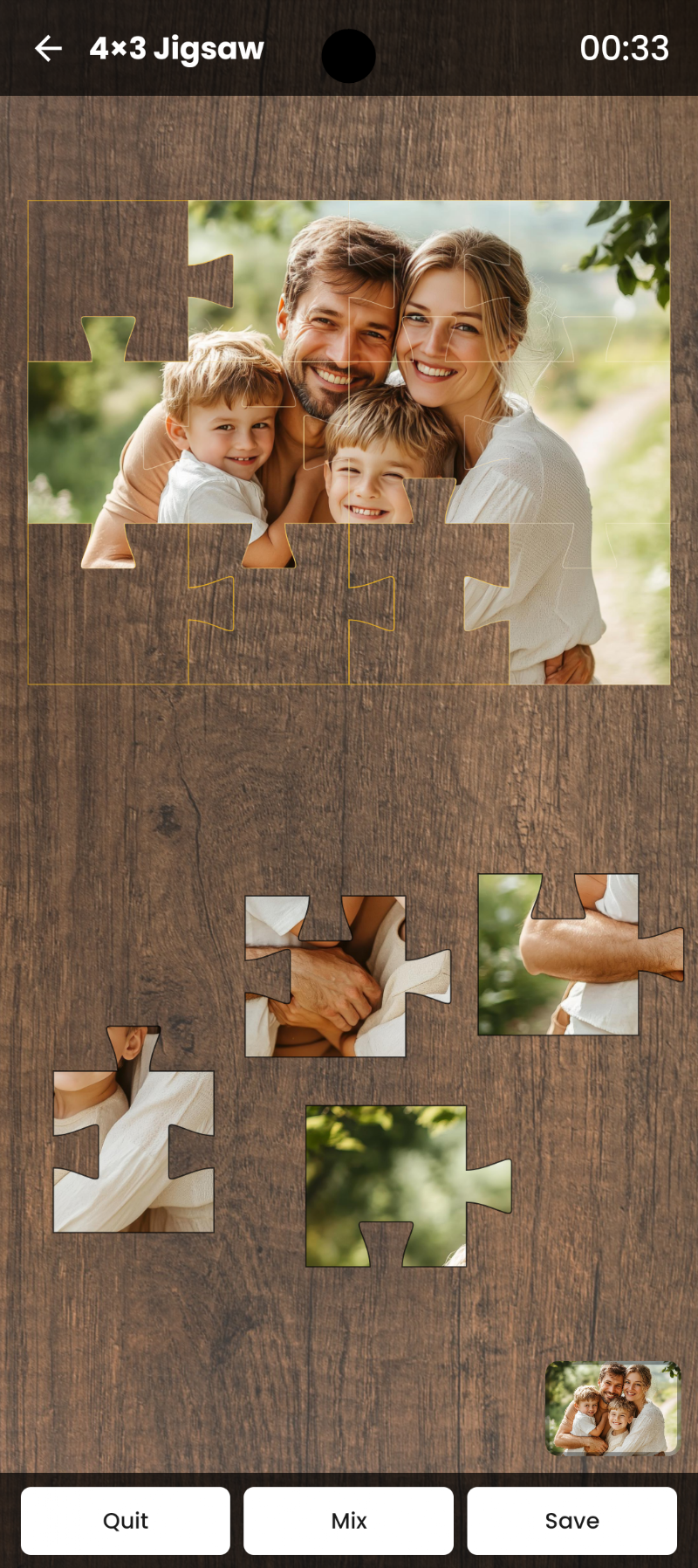 Photo Puzzle Maker Android app screenshot showing jigsaw puzzle gameplay