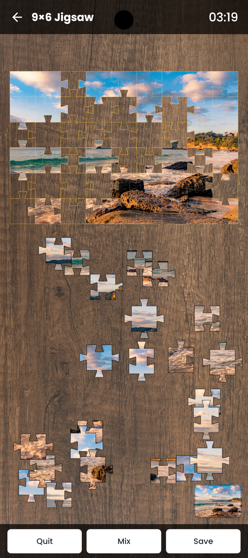 Photo Puzzle Maker 9x6 jigsaw puzzle screenshot with scattered puzzle pieces
