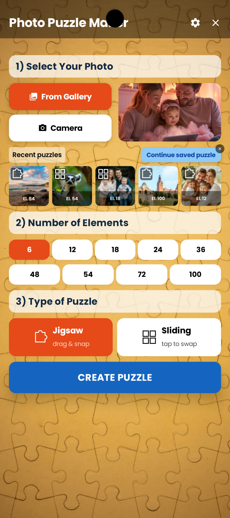 Photo Puzzle Maker screenshot of the sliding 15-puzzle mode