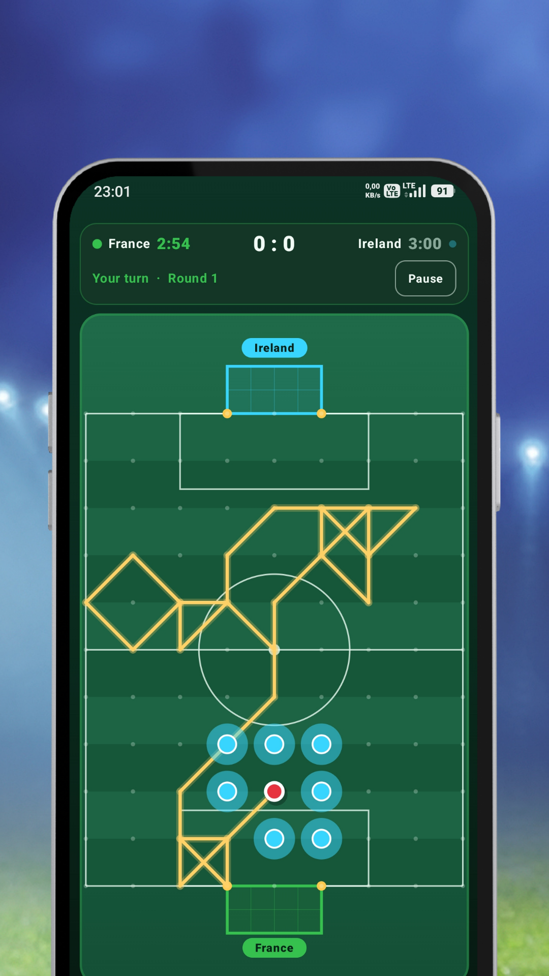 DotFootball Soccer Game by BeeClear — gameplay screenshot showing a national-team match in progress
