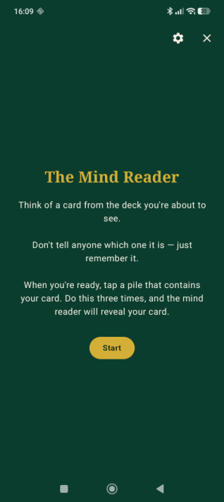Mind Reader app intro screen explaining how the 21 card trick works