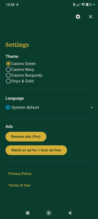 Mind Reader app settings screen showing casino theme options and ad removal