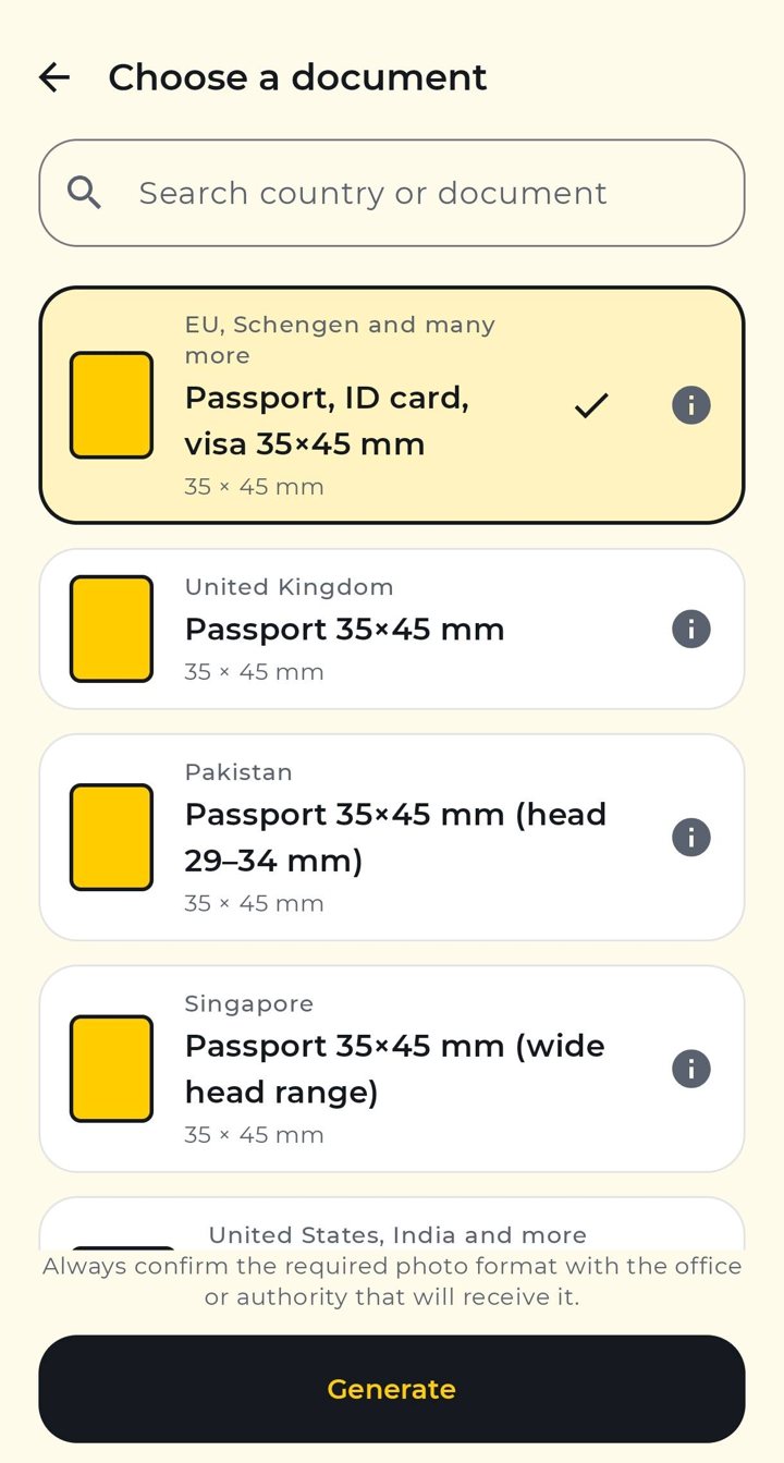 Choose a document screen listing passport photo sizes by country in ID & Passport Photo Maker