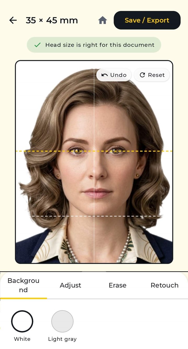 Editor in ID & Passport Photo Maker with head size check, eye line guide and background options