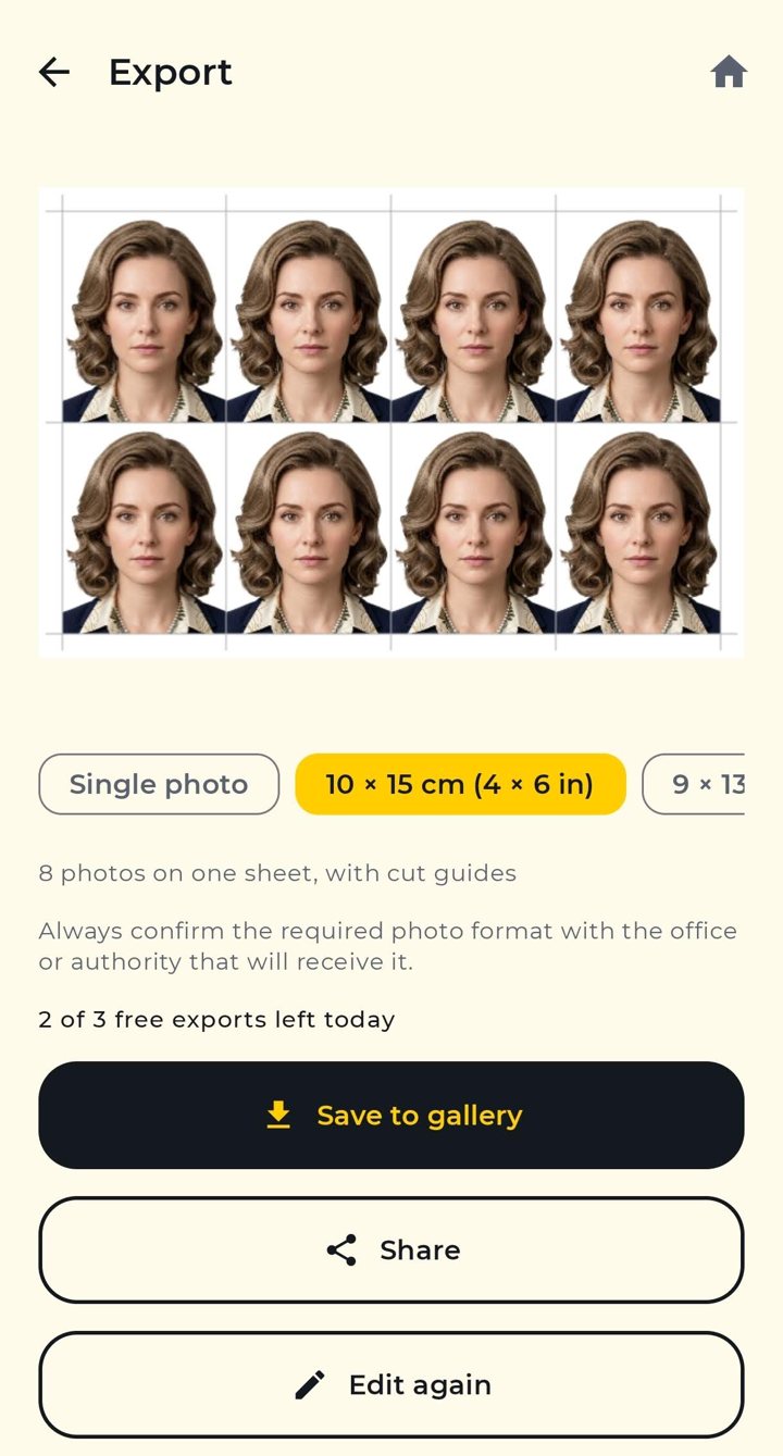 Export screen with a 10 by 15 cm print sheet of eight passport photos and cut guides