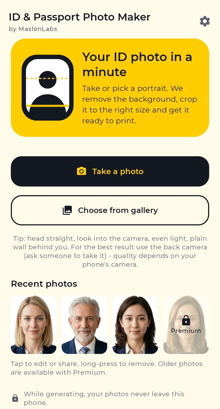 ID & Passport Photo Maker home screen with Take a photo and Choose from gallery buttons