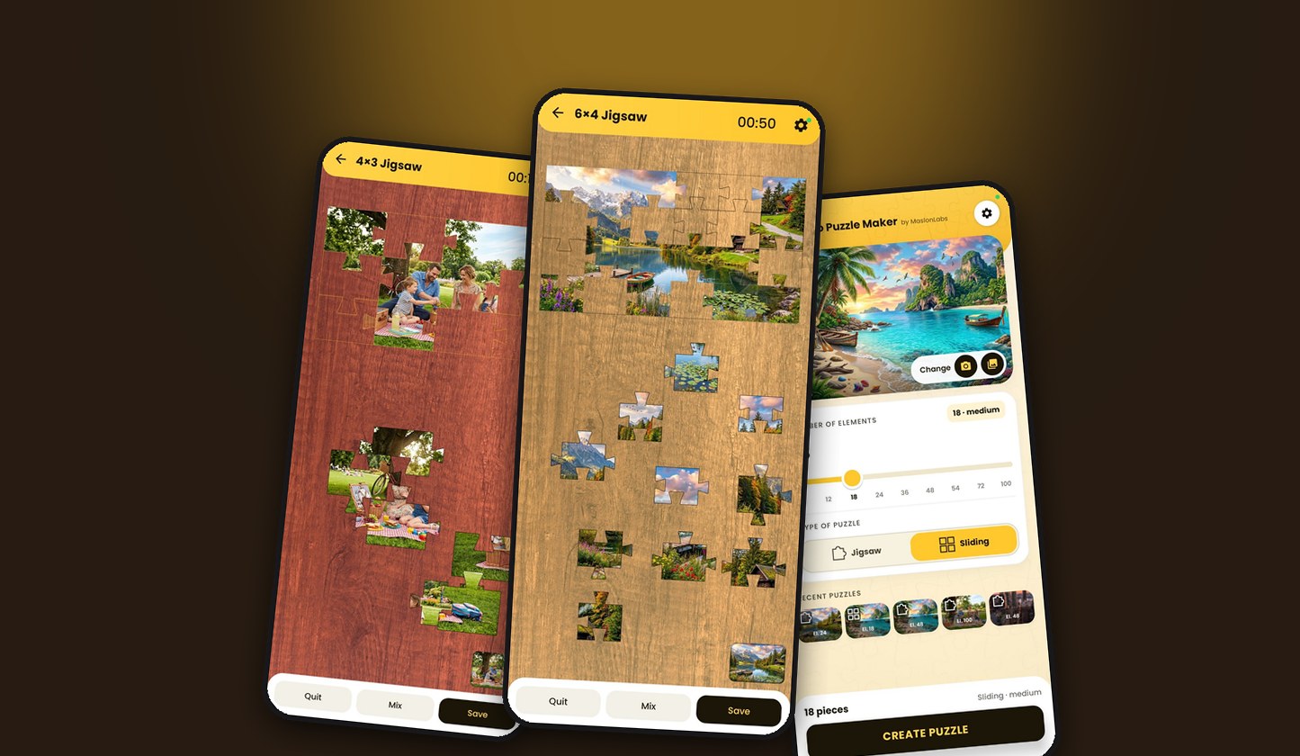 Photo Puzzle Maker app screens on a phone