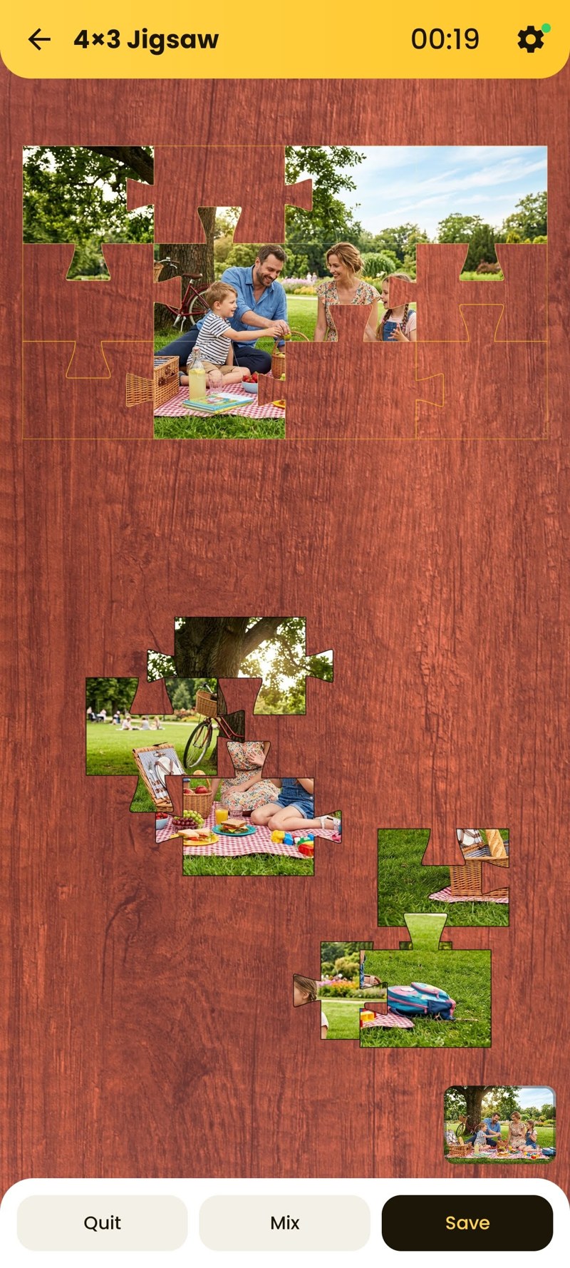 Photo Puzzle Maker 4x3 jigsaw puzzle made from a family photo on a cherry table