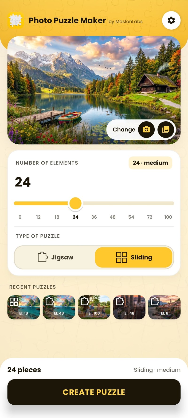 Photo Puzzle Maker screen with 24 pieces selected and Jigsaw or Sliding puzzle type